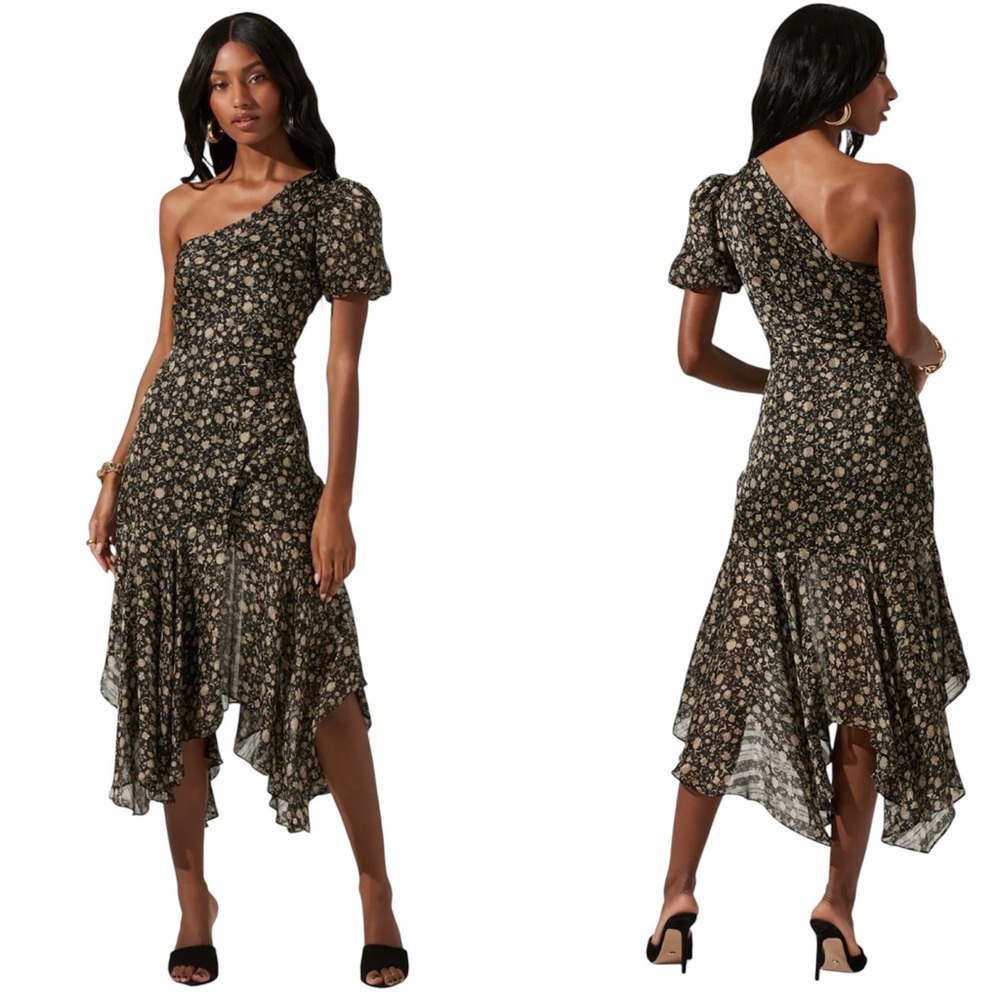 Astr Santorini Ditsy Floral One Shoulder Asymmetrical Handkerchief Midi Dress XS